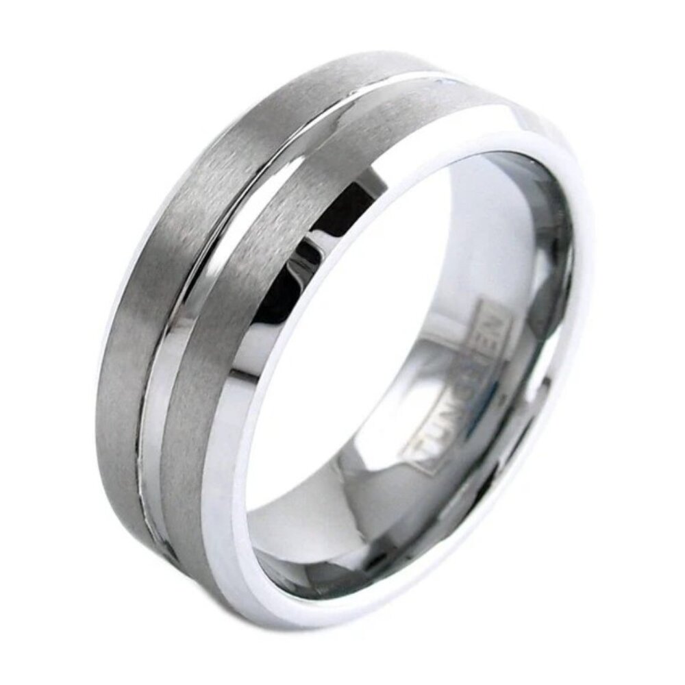 Brilliant Mirror Polished Silver Tungsten Ring Brushed Finish, Recessed Groove